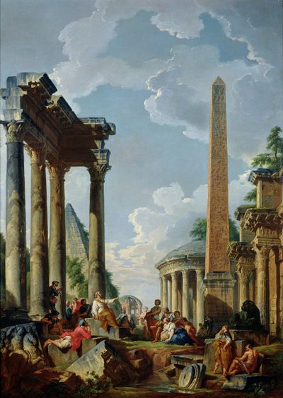 Architectonische Capriccio met een prediker in de ruïnes, ca. 1745 door Giovanni Paolo Pannini